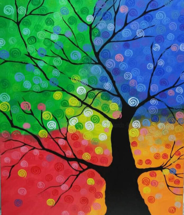 Painting titled "Vibrant Circle Tree" by Mayurie Fernando, Original Artwork, Acrylic