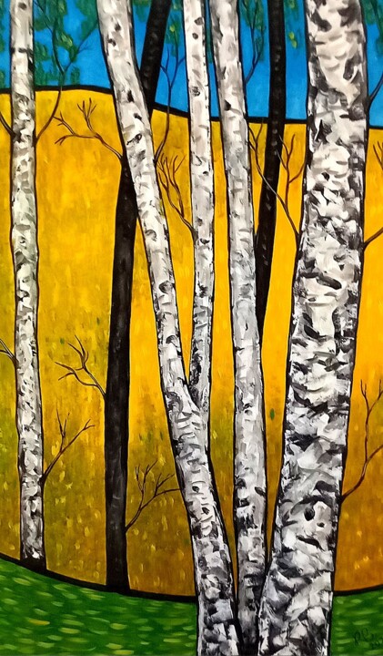 Schilderij getiteld "Birken" door Ralf Berghaus, Origineel Kunstwerk, Olie