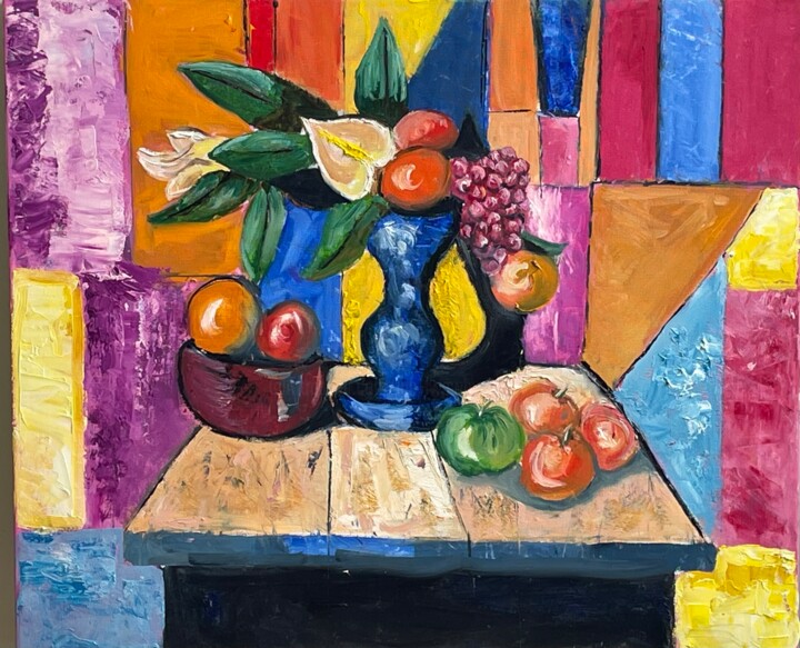 "Cubist Fusion: Vibrant Still Life" 绘画, 19.7x23.6 in