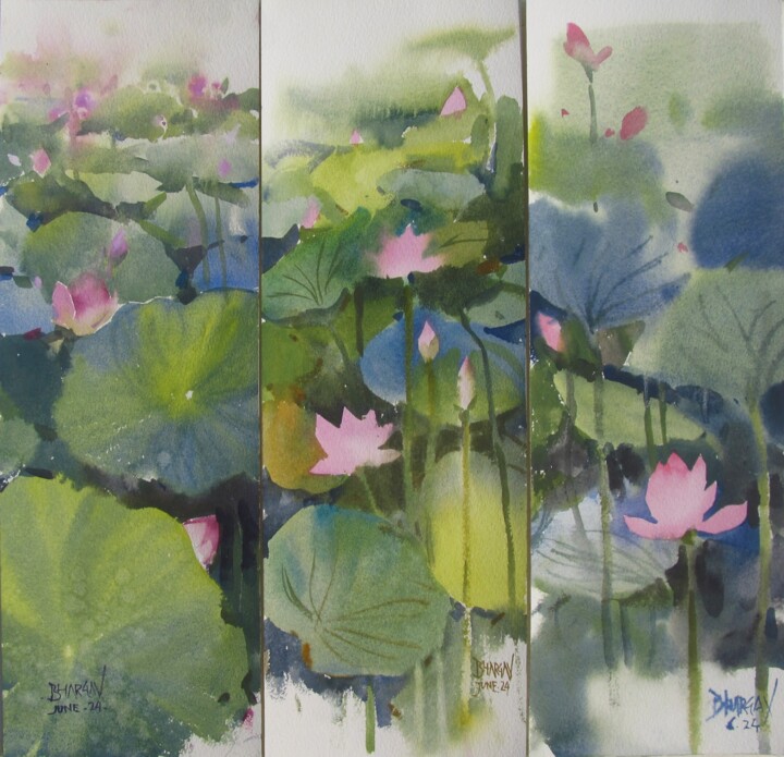 Peinture intitulée "Triptych of Lotus C…" par Bhargavkumar Kulkarni, Œuvre d'art originale, Aquarelle