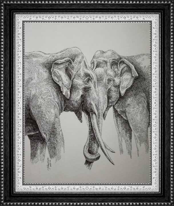 Peinture intitulée "The Meeting" par Punsara Udara, Œuvre d'art originale, Stylo à bille Monté sur Verre
