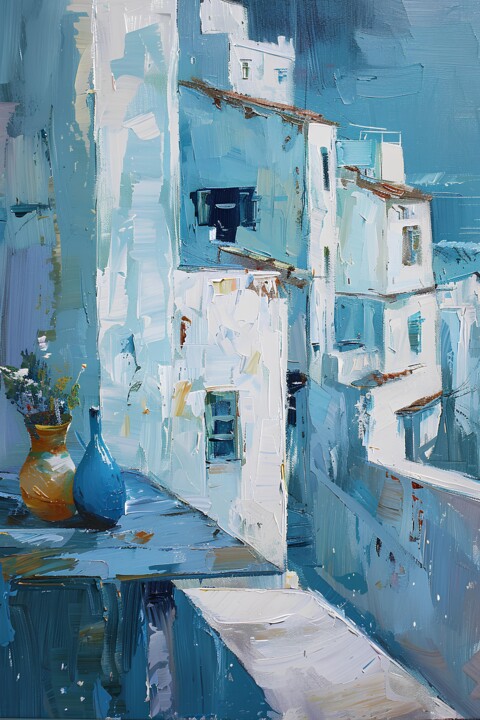 Painting titled "Blue Houses" by Elena Avanesova, Original Artwork, Acrylic