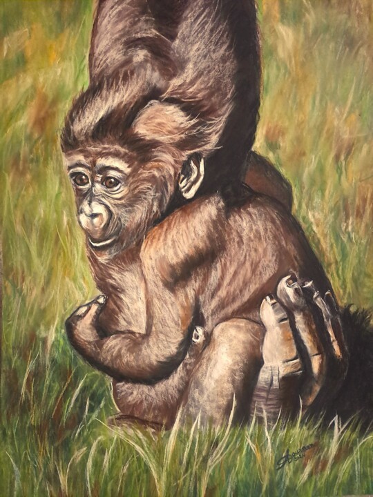 bébé gorille protégé par sa mère 绘画, 15.8x11.8 in