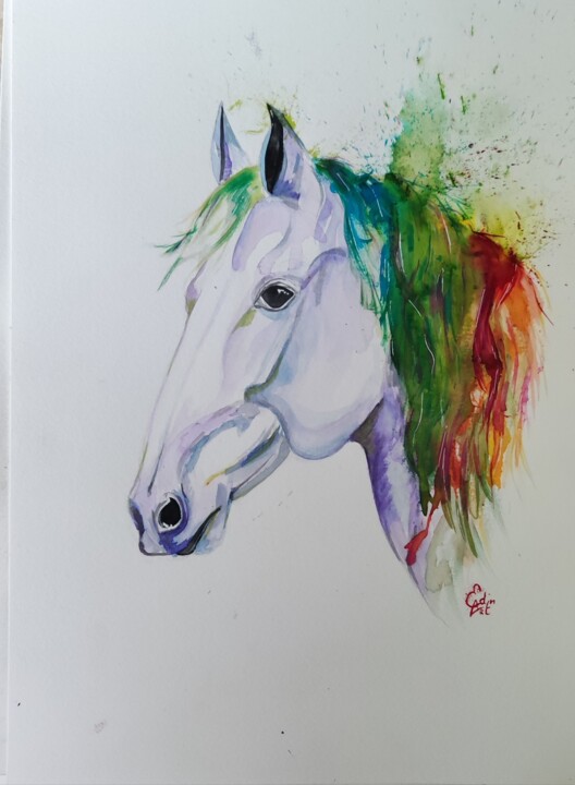 Cheval coloré 绘画, 15.8x11.4 in