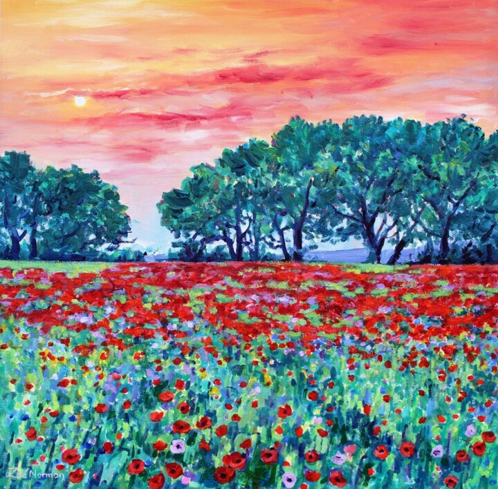 Painting titled "Evening Poppies" by Zoe Norman, Original Artwork, Oil Mounted on Wood Stretcher frame