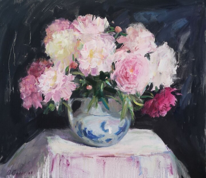 Pivoines. Lumière sur noir. 绘画, 23.6x27.6 in