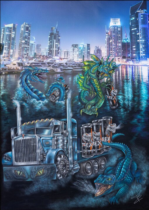 "Tiere in surrealen Szenen" - " Energy Monster Truck" 绘画, 55.1x39.4 in