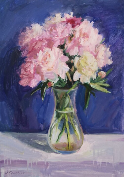 Malerei mit dem Titel "Пионы на синем фоне" von Olga Samar, Original-Kunstwerk, Öl