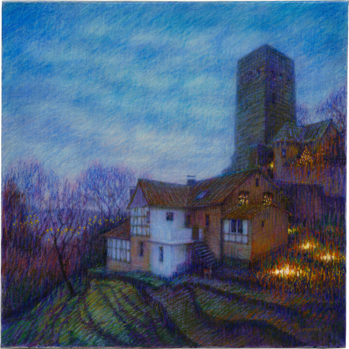 Peinture intitulée "La nuit Burg Blanke…" par Konoko, Œuvre d'art originale, Huile Monté sur Châssis en bois