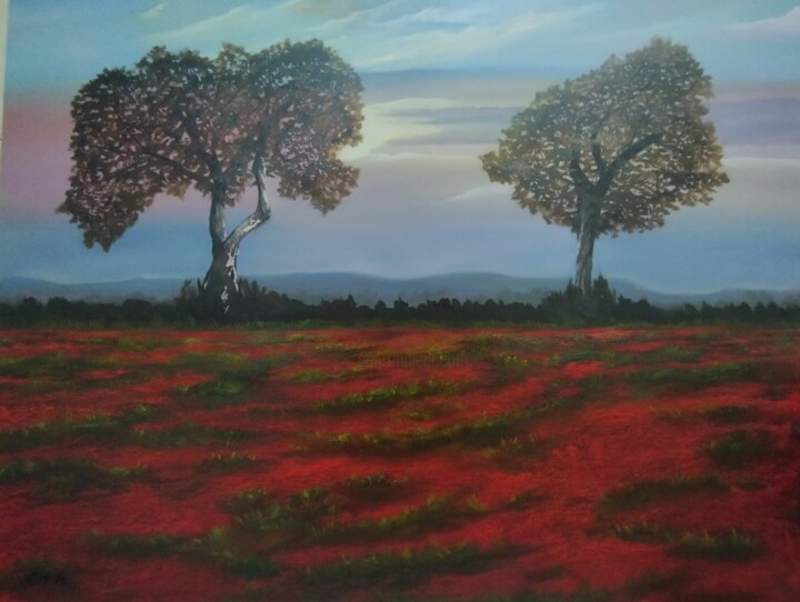 Painting titled "Amapolas en abril e…" by María Rosario Aladro Loza, Original Artwork, Oil Mounted on Wood Stretcher frame