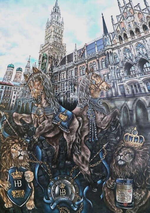 "Tiere in surrealen Szenen" - " München - my love, my home" 绘画, 55.1x39.4 in