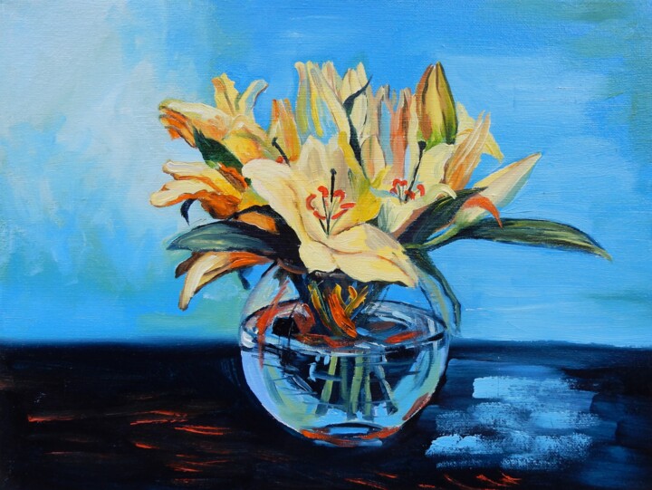 Yellow lilies in a blue vase. 绘画, 11.8x15.8 in
