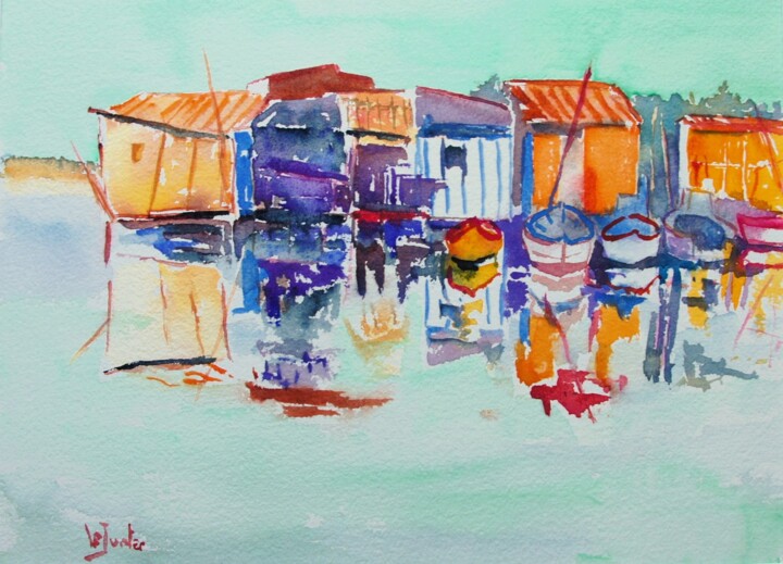 Peinture intitulée "Cabanes de pêcheurs…" par Jean-Noël Le Junter, Œuvre d'art originale, Aquarelle Monté sur Panneau de bois