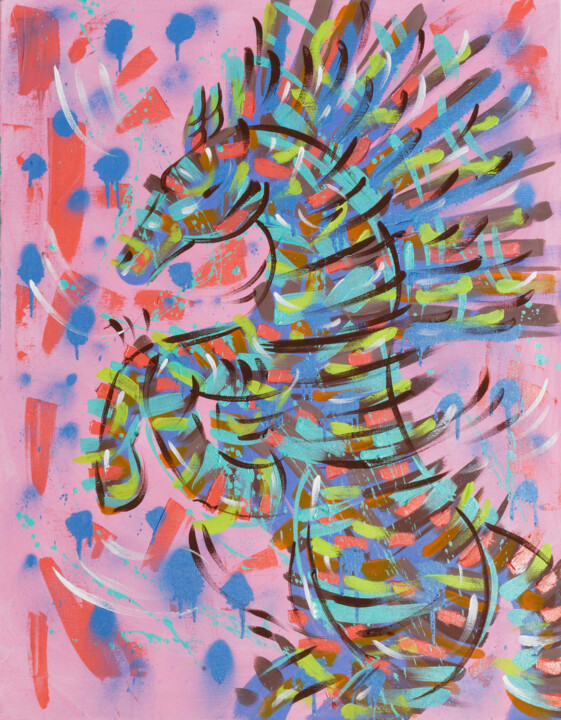 Expressive Abstract Horse Painting: Summer Tones on Pink Bac 绘画, 33.5x27.6 in
