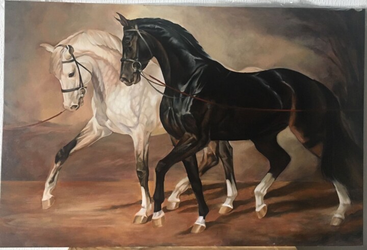 Авторская картина маслом на холсте "Запряженые лошади" 绘画, 31.5x47.2 in