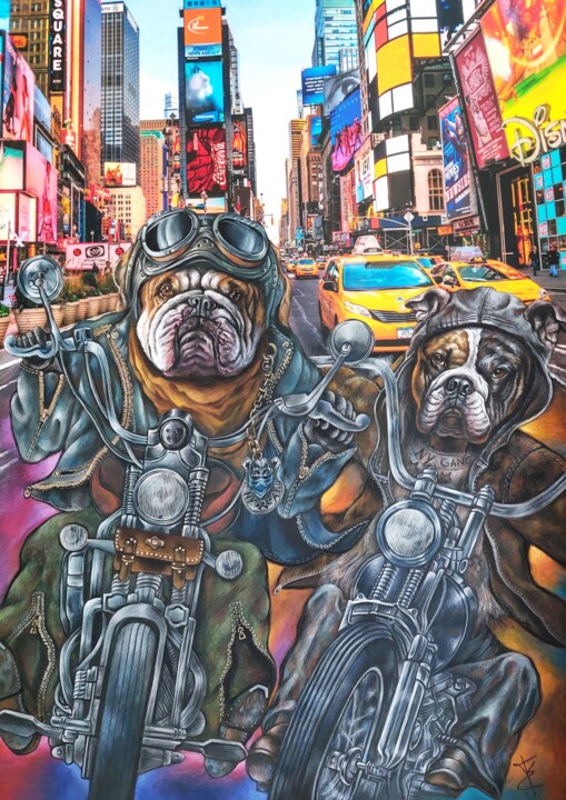 "Tiere in surrealen Szenen" - "NYC wild dogs" 绘画, 55.1x39.4 in