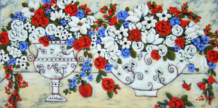 Two Bouquets with Mixed Blooms 绘画, 30x60 in