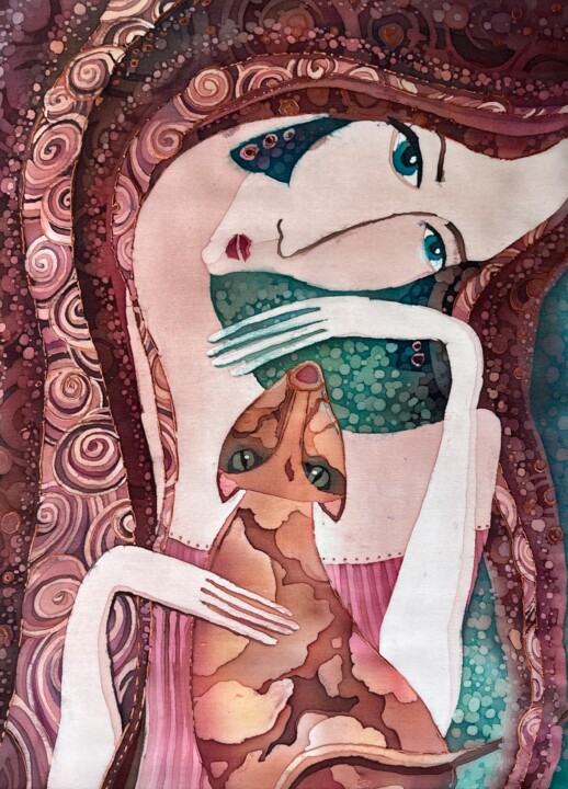 "Woman with a cat" başlıklı Tablo Valentina Pushkareva tarafından, Orijinal sanat, Akrilik Ahşap panel üzerine monte edilmiş