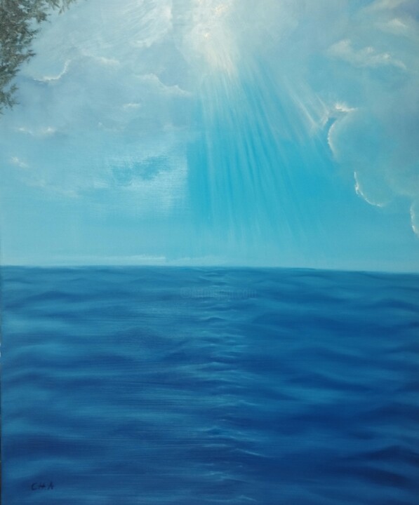 Painting titled "FISTERRA" by María Rosario Aladro Loza, Original Artwork, Oil Mounted on Wood Stretcher frame