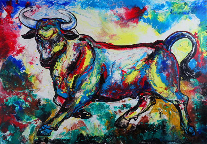 Godzilla Stier Bilder Kunstbilder Leinwand abstrakt bunt 绘画, 31.9x45.7 in