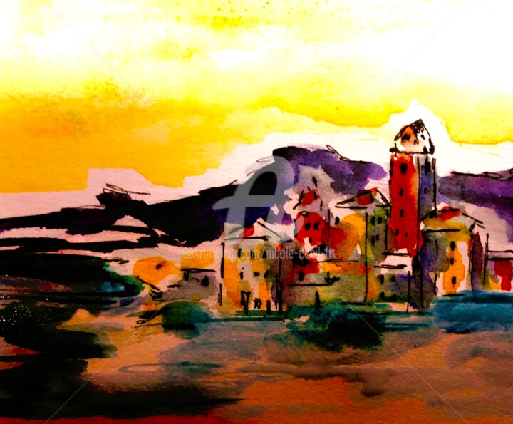 Painting titled "Camogli by Night" by Nicole Cecil B, Original Artwork, Watercolor
