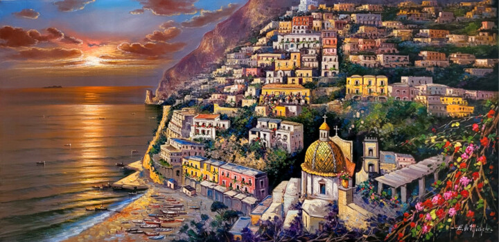 Pintura intitulada "Warm summer sunset…" por Ernesto De Michele, Obras de arte originais, Óleo Montado em Armação em madeira