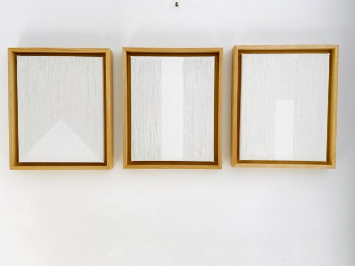 Lines of Contemplation, Triptych, acrylic, white, abstract Tablo, 11,8x9,5 in