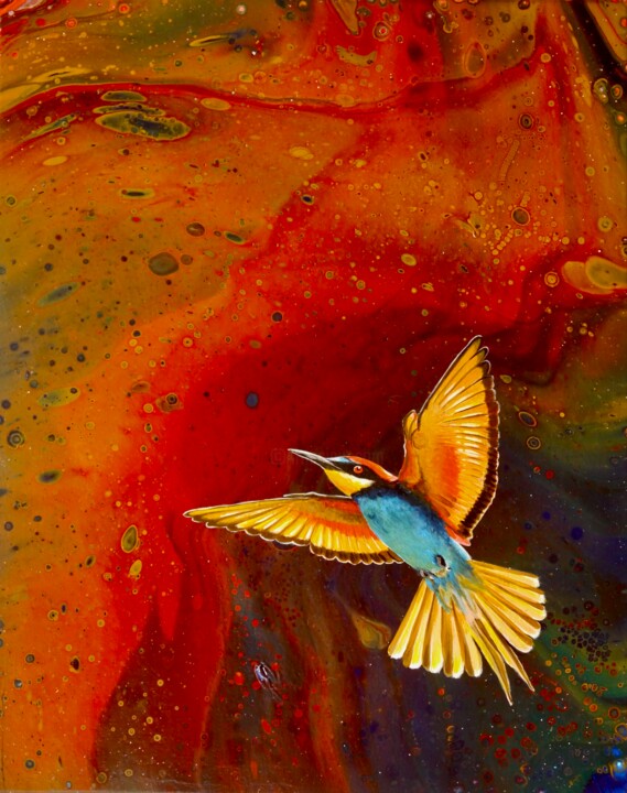 Malerei mit dem Titel "Bienenfresser am Ka…" von Anja Semling, Original-Kunstwerk, Acryl Auf Keilrahmen aus Holz montiert