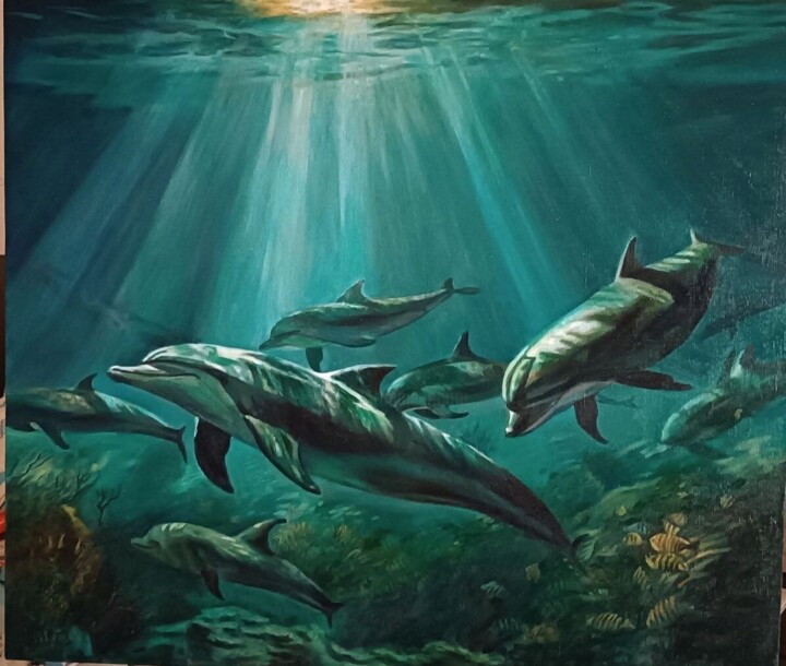 Современная картина маслом "Подводный танец" 绘画, 39.4x47.2 in