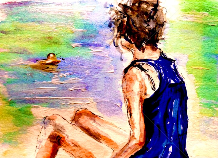 Painting titled "Sitting by the Water" by Nicole Cecil B, Original Artwork, Watercolor