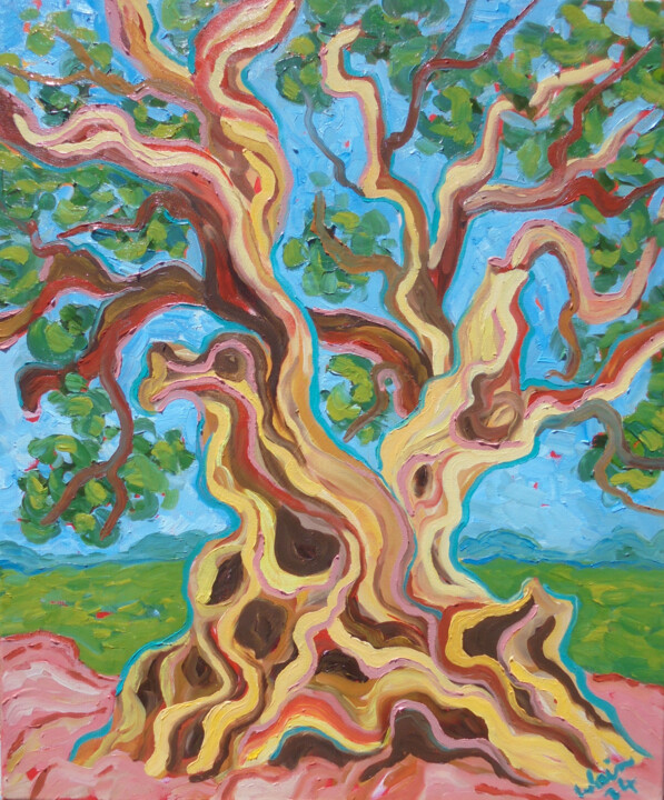 Painting titled "Olive Tree" by Kirsty Wain, Original Artwork, Oil Mounted on Wood Stretcher frame