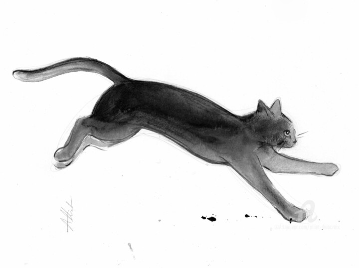 Dessin intitulée "Chat dynamique-D-P-…" par Alliet-Delacroix, Œuvre d'art originale, Encre
