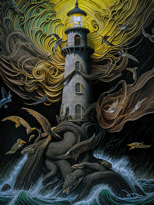 Phare des dragons du port de Haut-Chateau 印花与版画, 29.9x22.1 in