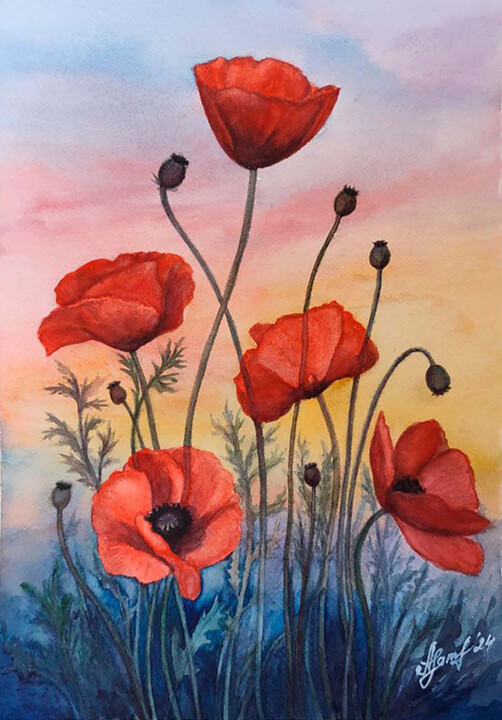 Poppies at sunset Malarstwo, 15,4x11 in