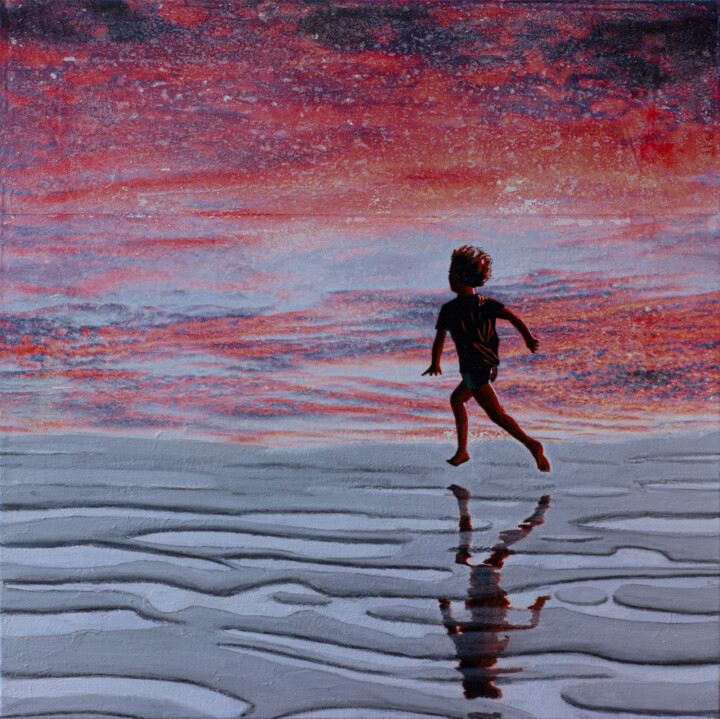 Painting titled "RUNNING AT DUSK" by Db Waterman, Original Artwork, Acrylic Mounted on Wood Stretcher frame