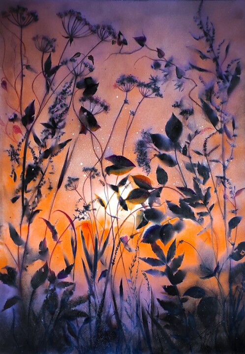 Painting titled ""FOGGY SUNSET I"" by Elena Kraft, Original Artwork, Acrylic Mounted on Wood Stretcher frame