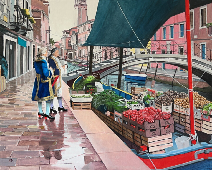 Peinture intitulée "Marché flottant" par Arnaud Feuga, Œuvre d'art originale, Huile Monté sur Châssis en bois