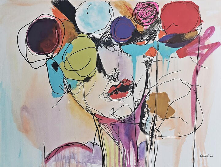 Contemporary Abstract Painting of Urban Woman with Flowers. 绘画, 23.6x31.5 in