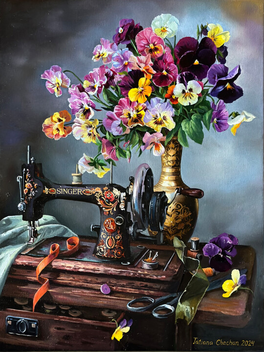 Pansies and sewing machine “SINGER” 绘画, 15.8x11.8 in