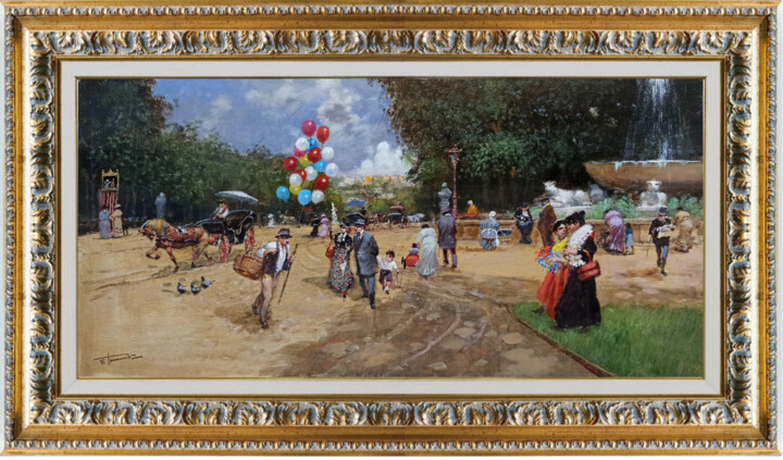 City park in Paris - French Belle Epoque painting & frame Tablo, 11,8x23,6 in