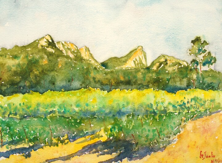 Peinture intitulée "Le Pic Saint-Loup v…" par Jean-Noël Le Junter, Œuvre d'art originale, Aquarelle Monté sur Panneau de bois