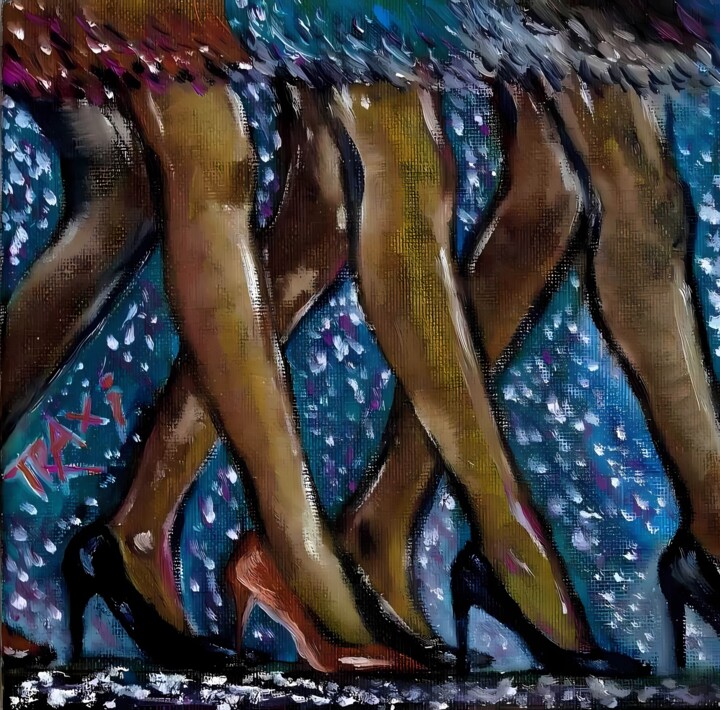 Dancing Divas: Small Oil Painting of a Party Female Legs 绘画, 7.9x7.9 in