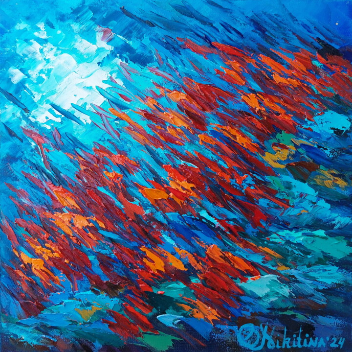 Ζωγραφική με τίτλο "Red Fish Painting U…" από Olga Nikitina, Αυθεντικά έργα τέχνης, Λάδι Τοποθετήθηκε στο Ξύλινο φορείο σκελ…