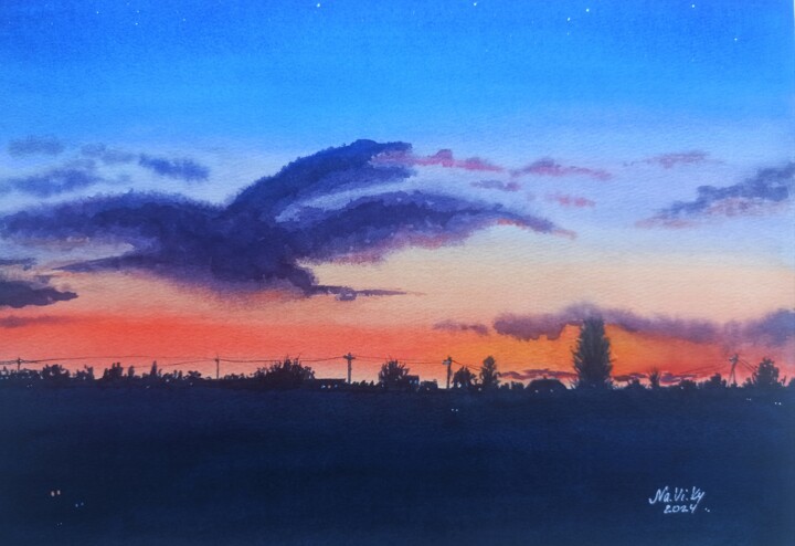 The dragon lights up the night. 绘画, 10.2x15 in
