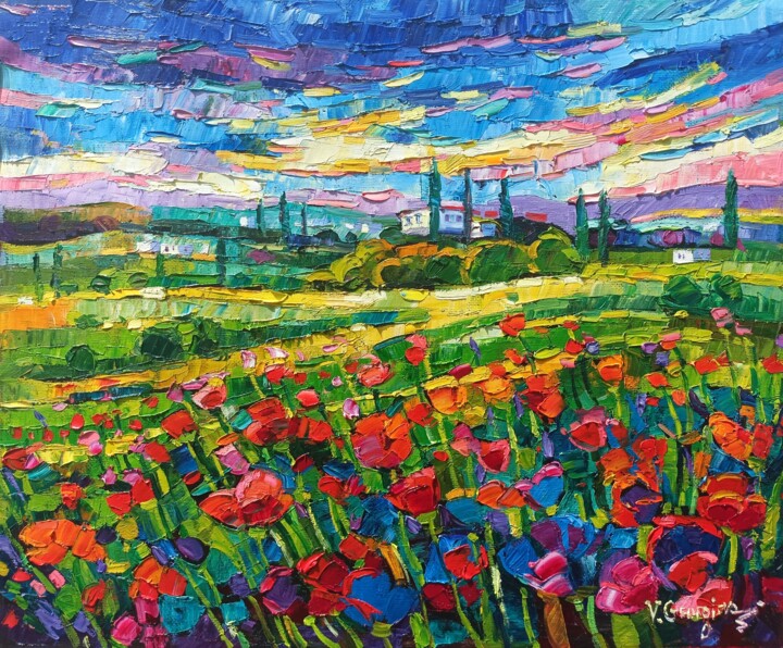 Poppies fields in Tuscany 3 绘画, 23.6x28.7 in