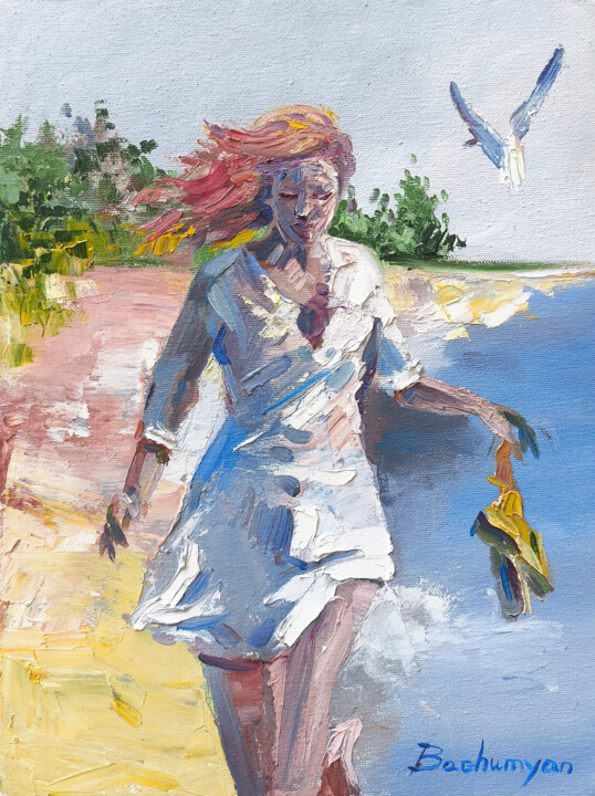제목이 "Carefree Beach Day"인 미술작품 Vahe Bagumyan로, 원작, 기름 나무 들것 프레임에 장착됨