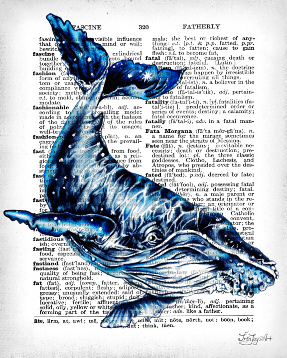Whale shark Humpback Fish watercolor Blue abstract decor 绘画, 10x8 in