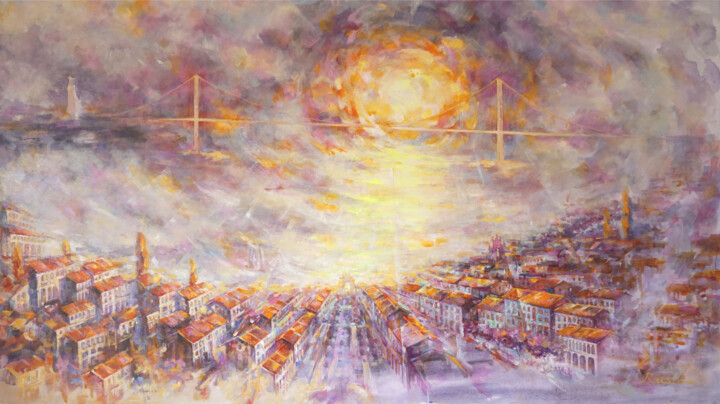 Картина под названием "Sunset in Lisbon" - Ruslan Pushkash, Подлинное произведение искусства, Масло