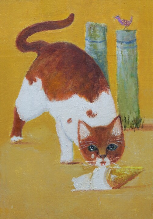 Painting titled "Cat finds icecream" by Klazien De Vries, Original Artwork, Oil
