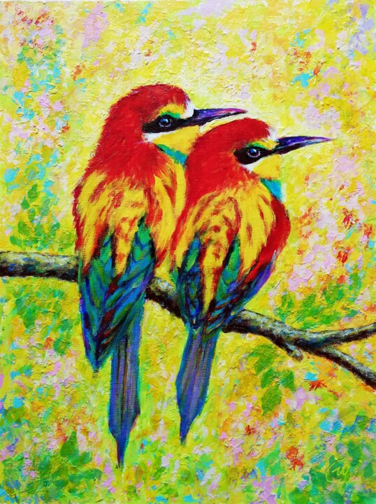 A Sweet Pair of Birds - Golden Bee-Eater 绘画, 15.8x11.8 in